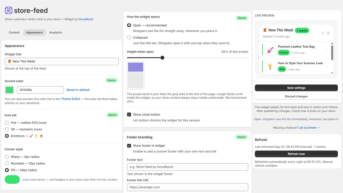 The Store Feed Appearance tab in the Shopify admin: widget title, accent colour, icon set, corner style, how the widget opens, height when open, close button and footer branding, next to a live preview of the widget.