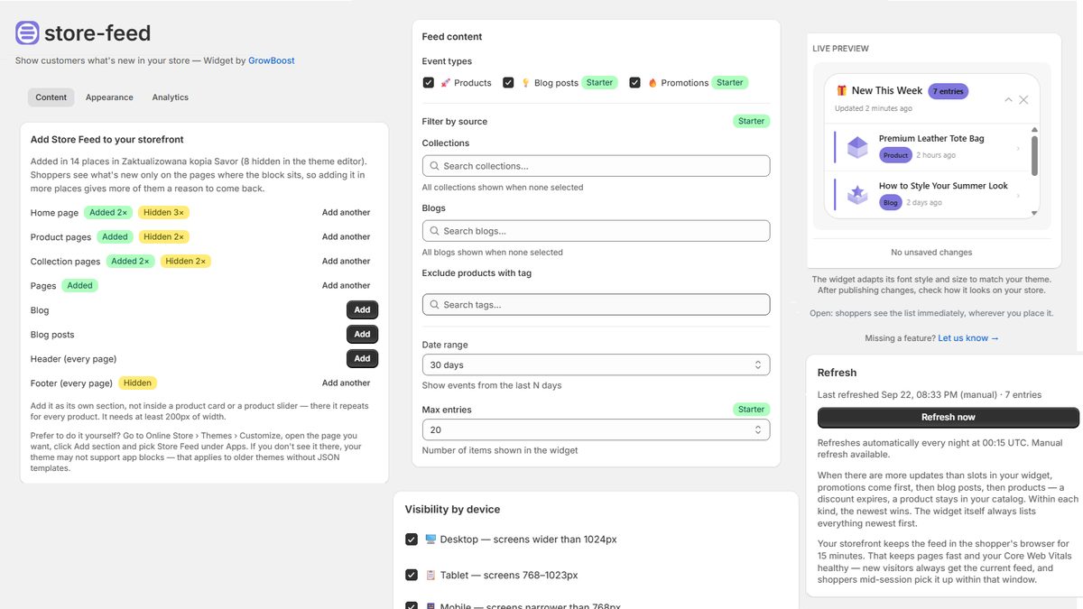 The Store Feed Content tab in the Shopify admin: a list of storefront places with Added and Hidden counts and an Add button for each, checkboxes for products, blog posts and promotions, filters for collections, blogs and excluded tags, a date range and max entries, visibility by device, and a live preview with the refresh card.