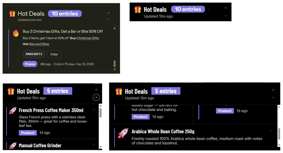 Store Feed on dark Shopify themes: a Hot Deals widget with a promotion entry, a discount code with a Copy button and an end date, and product entries with 3D icons.