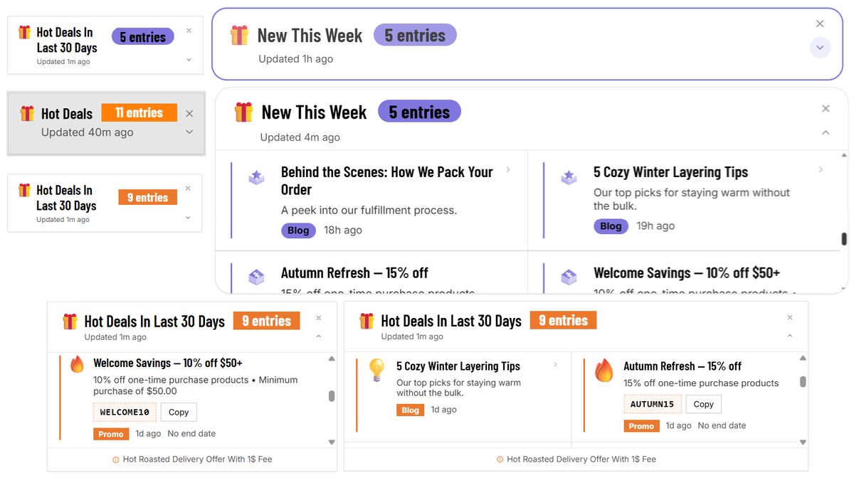 Store Feed widgets on light Shopify themes, showing blog and promotion entries with an entry count badge, open and collapsed.