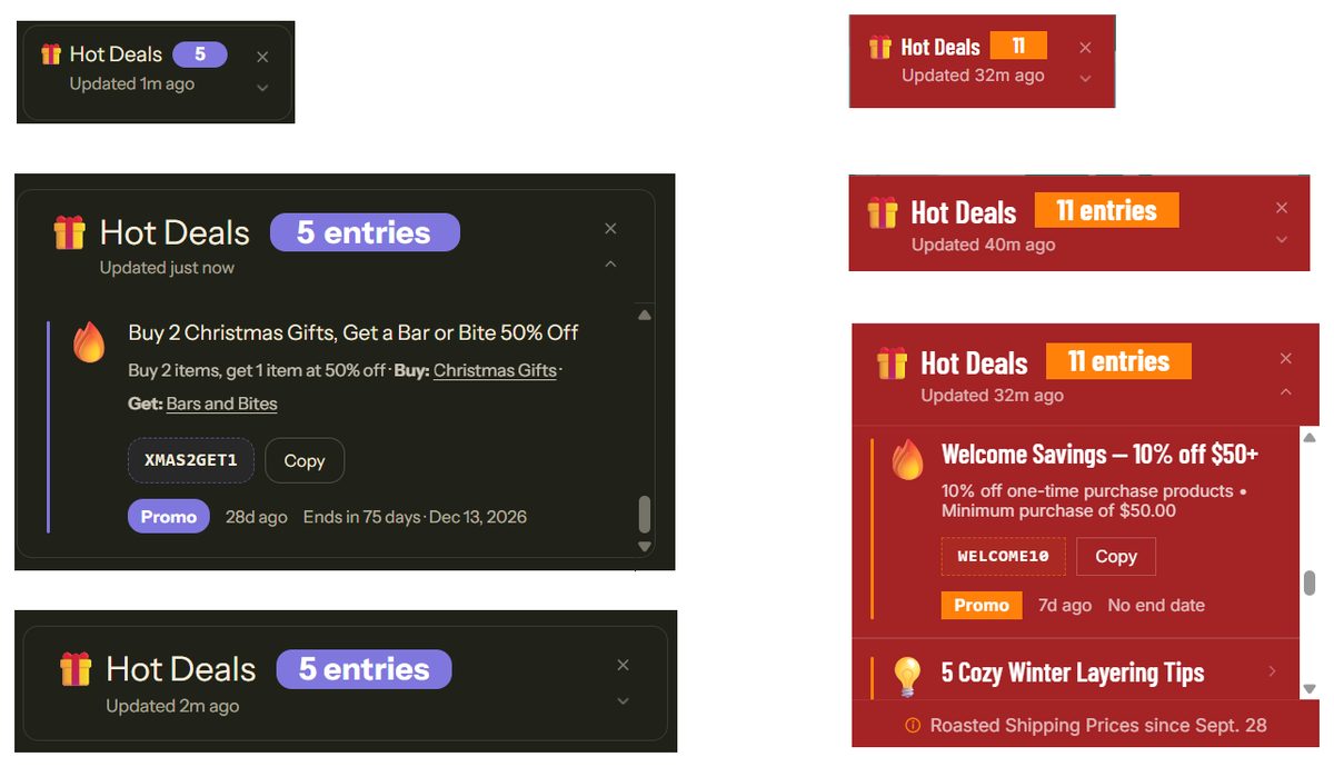 Store Feed collapsed to a title bar and open, shown on a dark theme and on a deep red section: the count badge reads just the number in the narrow bars and the full entries wording in the wide ones, and one widget ends with a custom footer line about shipping prices.