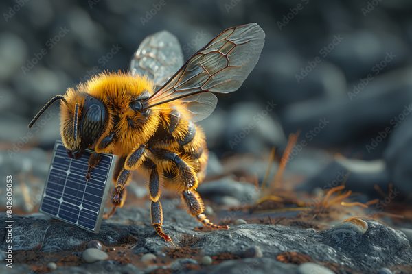 A bumblebee standing on dark gravel beside a small solar panel, photographed close up with the wings catching the light.