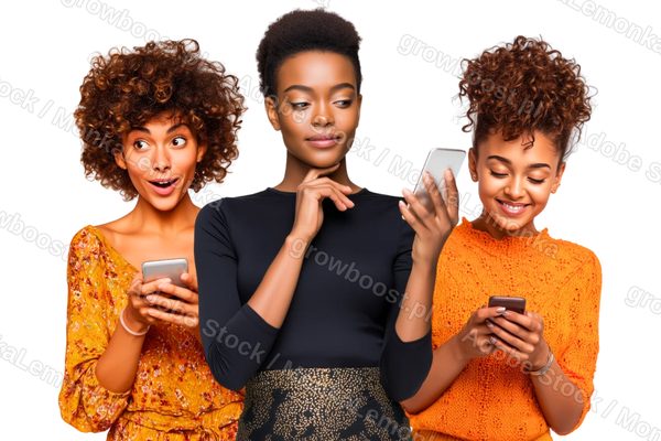 Three women standing together, each looking at a phone with a different expression: surprise, thought and amusement, cut out on a white background.