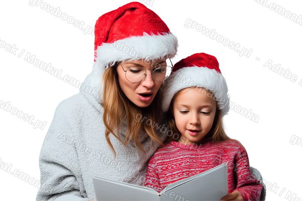 A woman and a child in Santa hats reading a book together, cut out on a white background.
