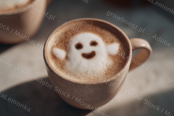 A cappuccino photographed from above, the milk foam shaped into a smiling ghost with two little arms.