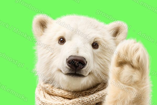 A young polar bear in a knitted cream scarf raising one paw in a wave, photographed against a flat chroma green background.