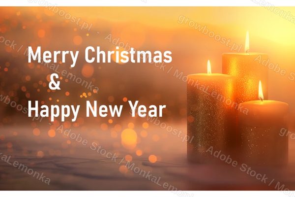 Three lit candles in warm golden light with bokeh behind them and the greeting Merry Christmas and Happy New Year beside them.